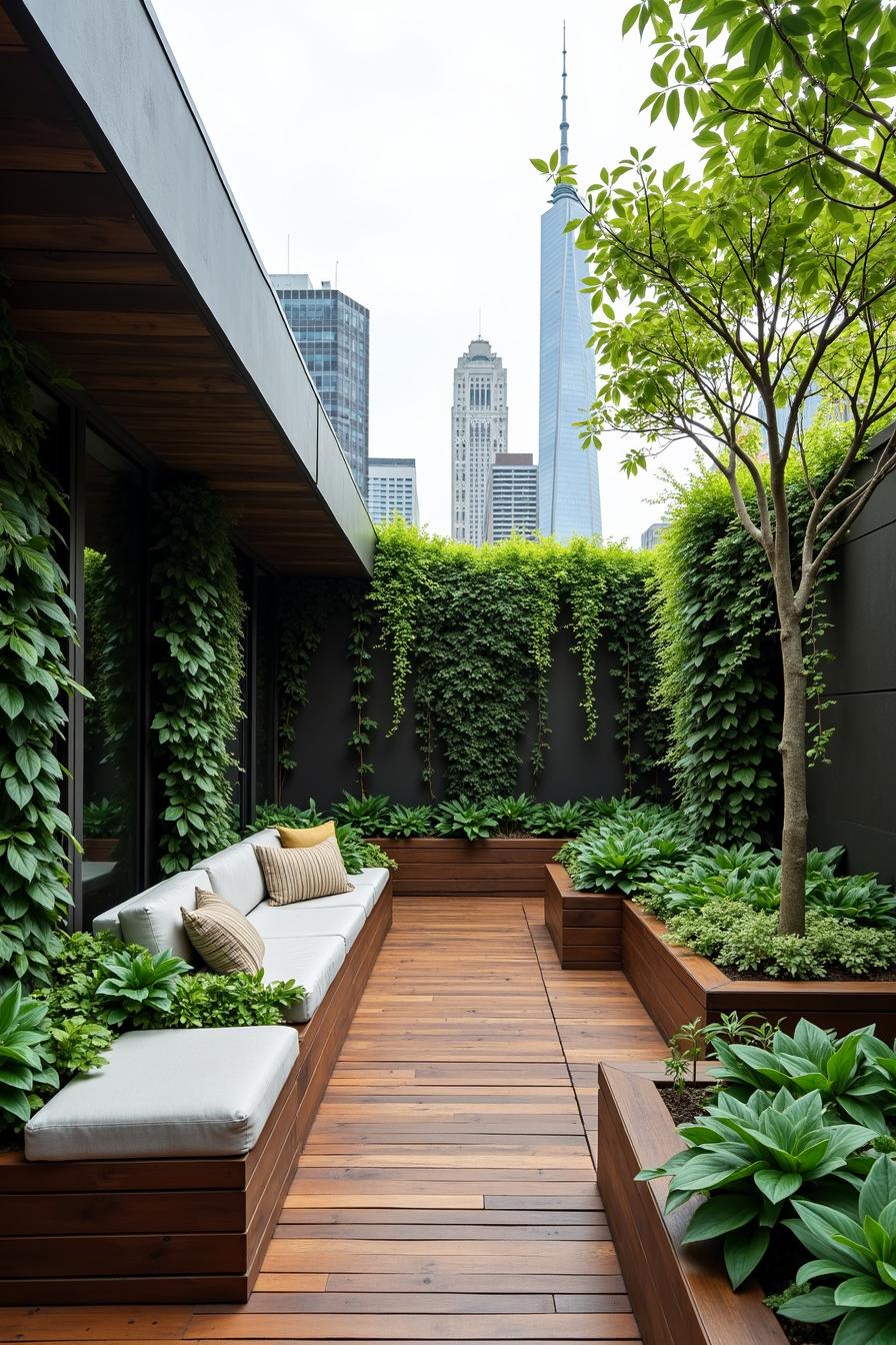 Rooftop deck with greenery and city skyline