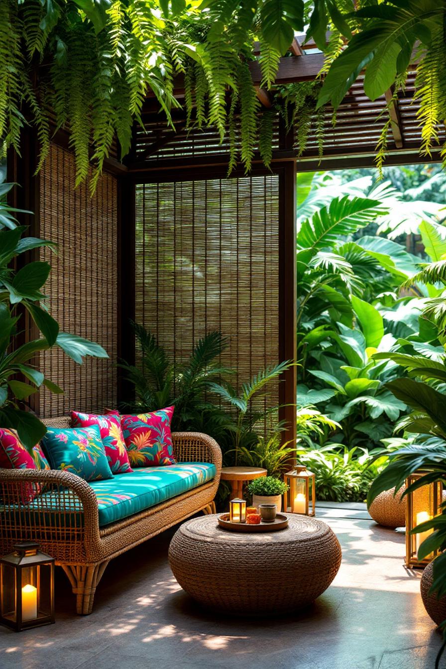 Cozy rattan seating area amidst lush greenery