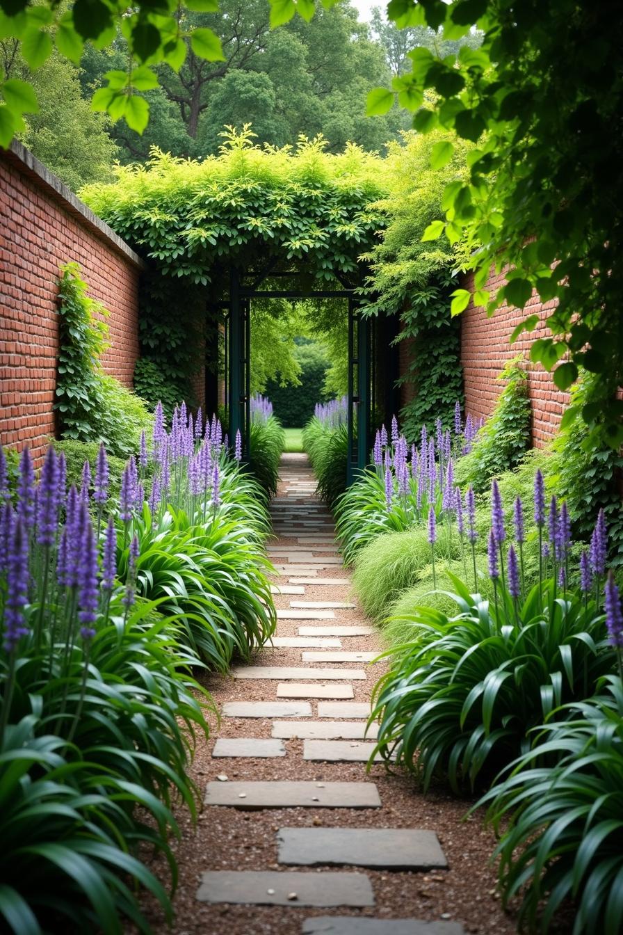 Pathway with brick walls and lush greenery leading to a garden