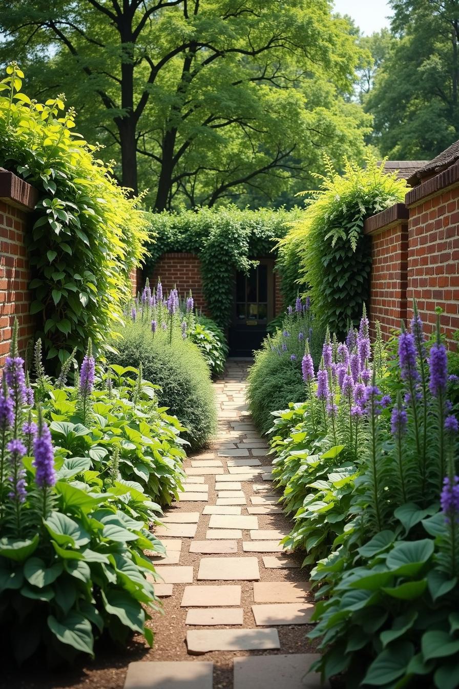 Brick pathway framed by lush greenery and lavender blooms