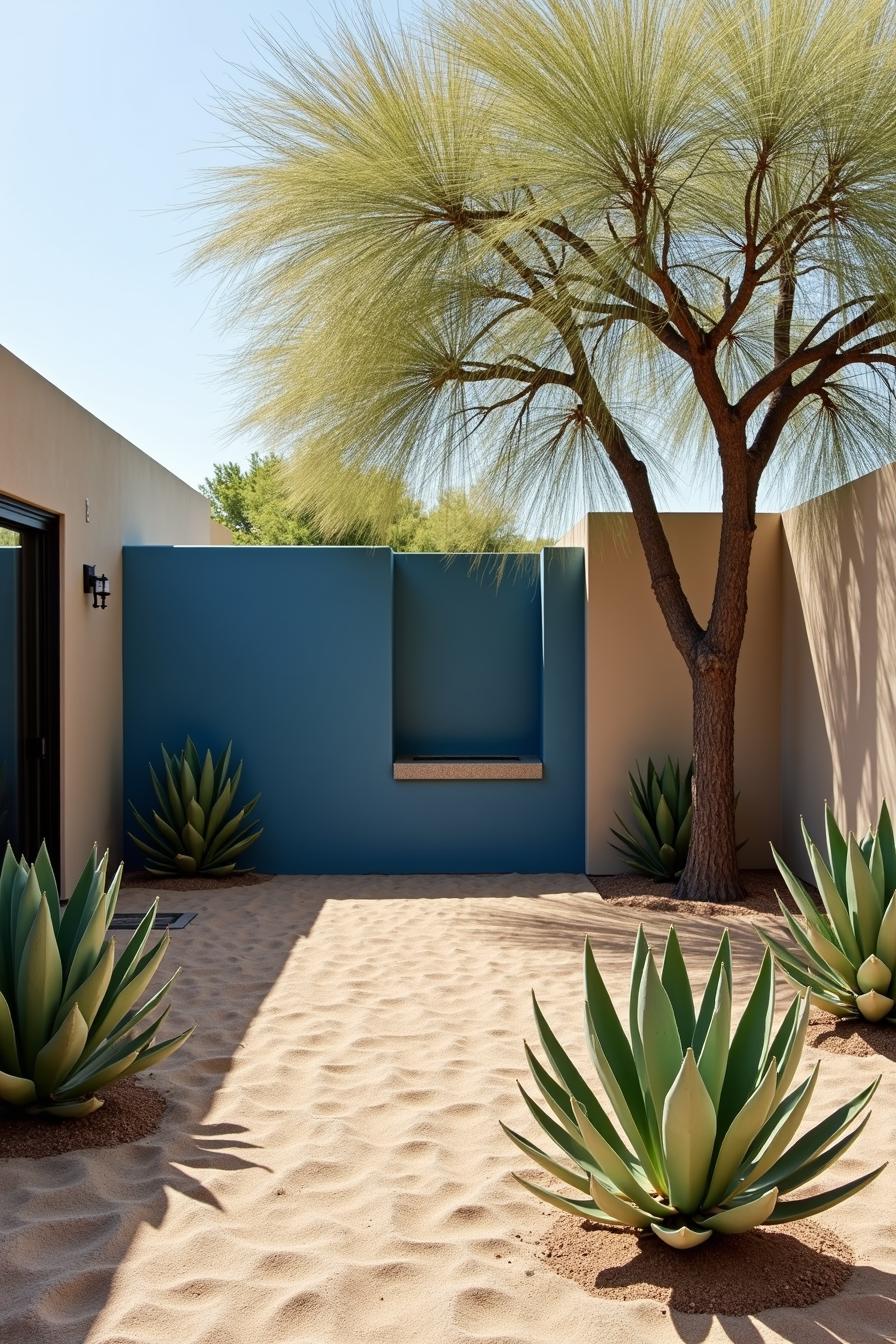 Sandy courtyard with agave plants and a tall tree