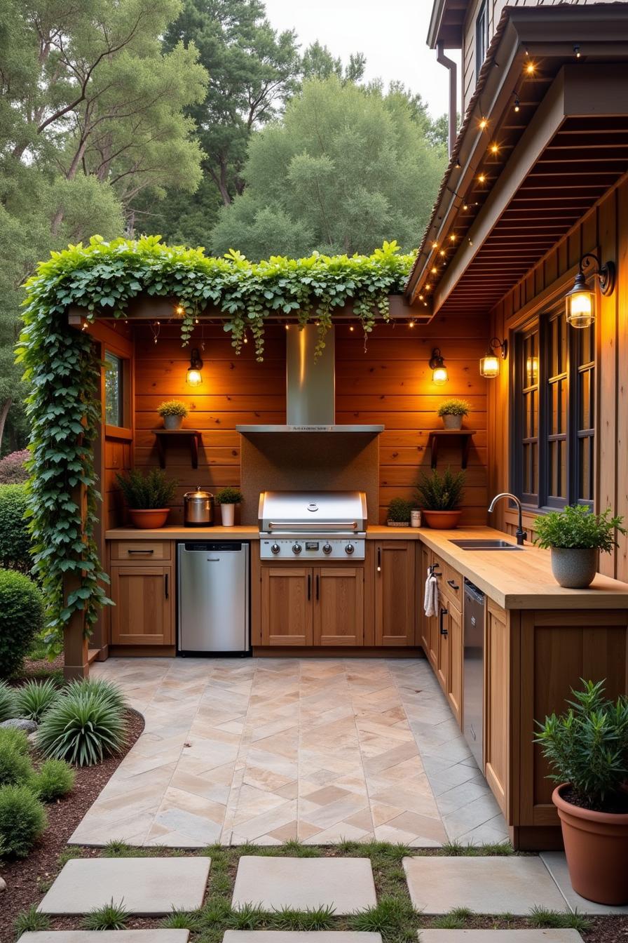 Outdoor kitchen with wooden cabinets and leafy pergola