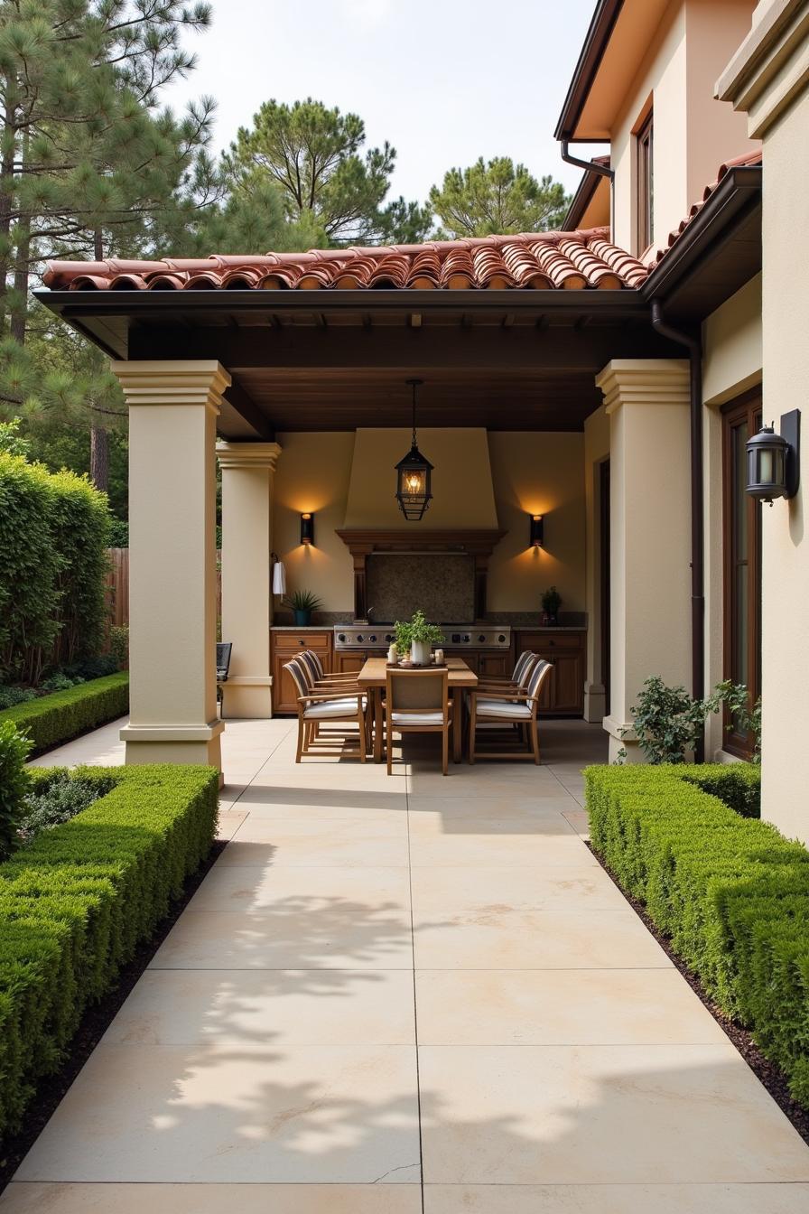 Covered patio kitchen with wooden dining set surrounded by greenery