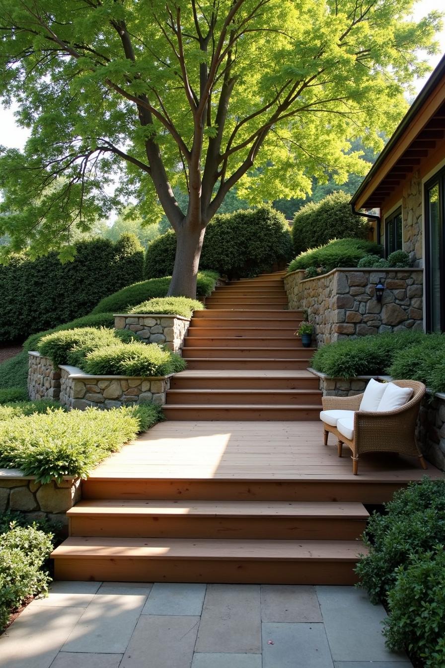 Stone staircase with lush greenery and a cozy seating area