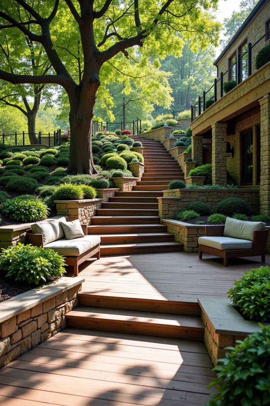 Terraced garden with wooden stairs and lush greenery