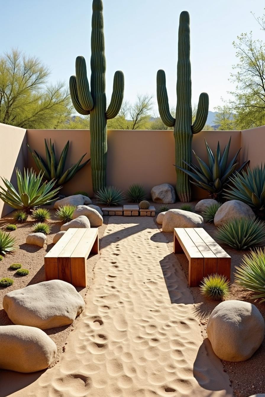 Wood benches, sand path, and towering cacti in a desert-themed backyard