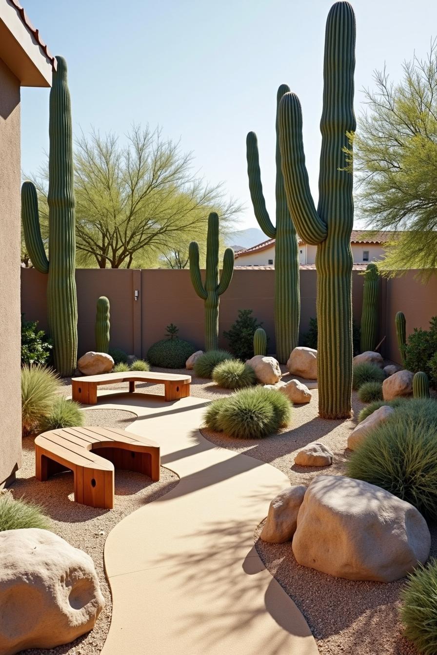 Modern desert courtyard with cactus and benches