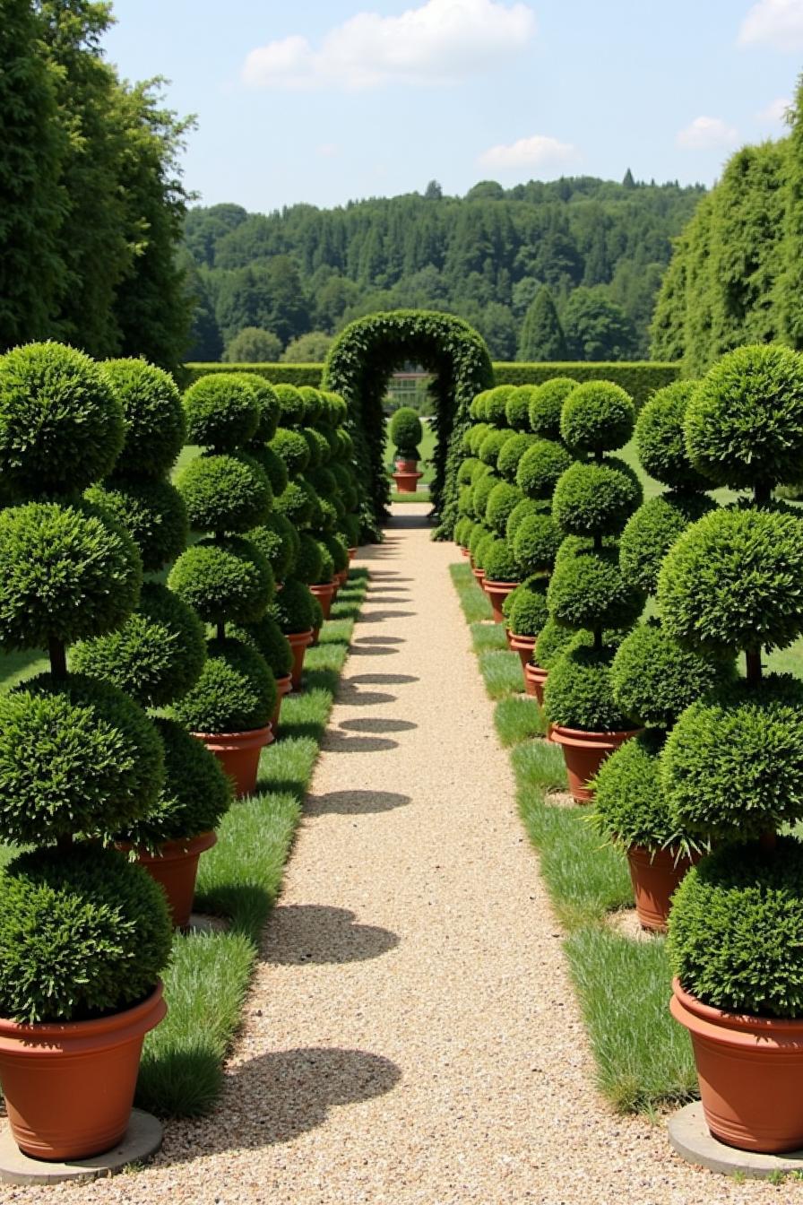 Row of round topiary bushes in pots along a gravel path