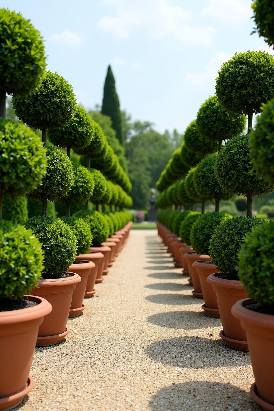 Neatly trimmed topiary trees in terracotta pots lining a path