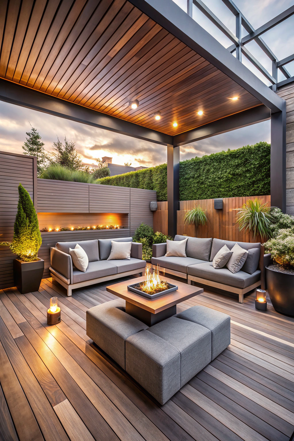 Modern outdoor terrace with cozy seating and a fire pit