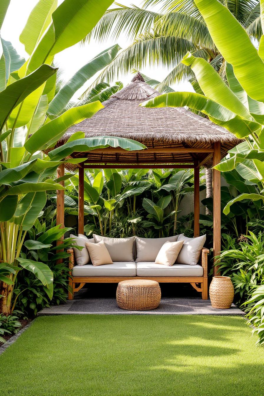 Tropical gazebo nestled among lush greenery