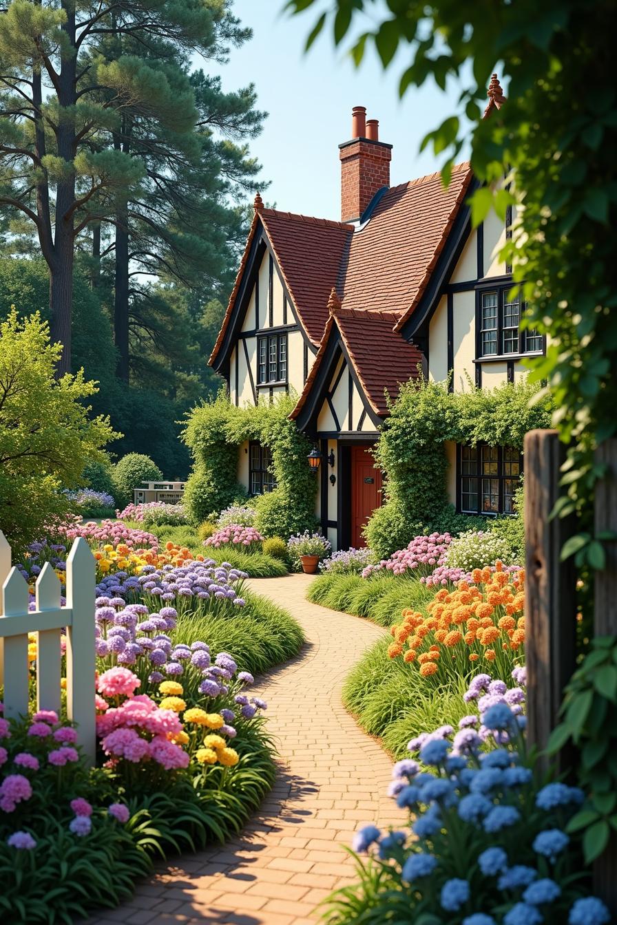 Quaint cottage surrounded by vibrant garden blooms