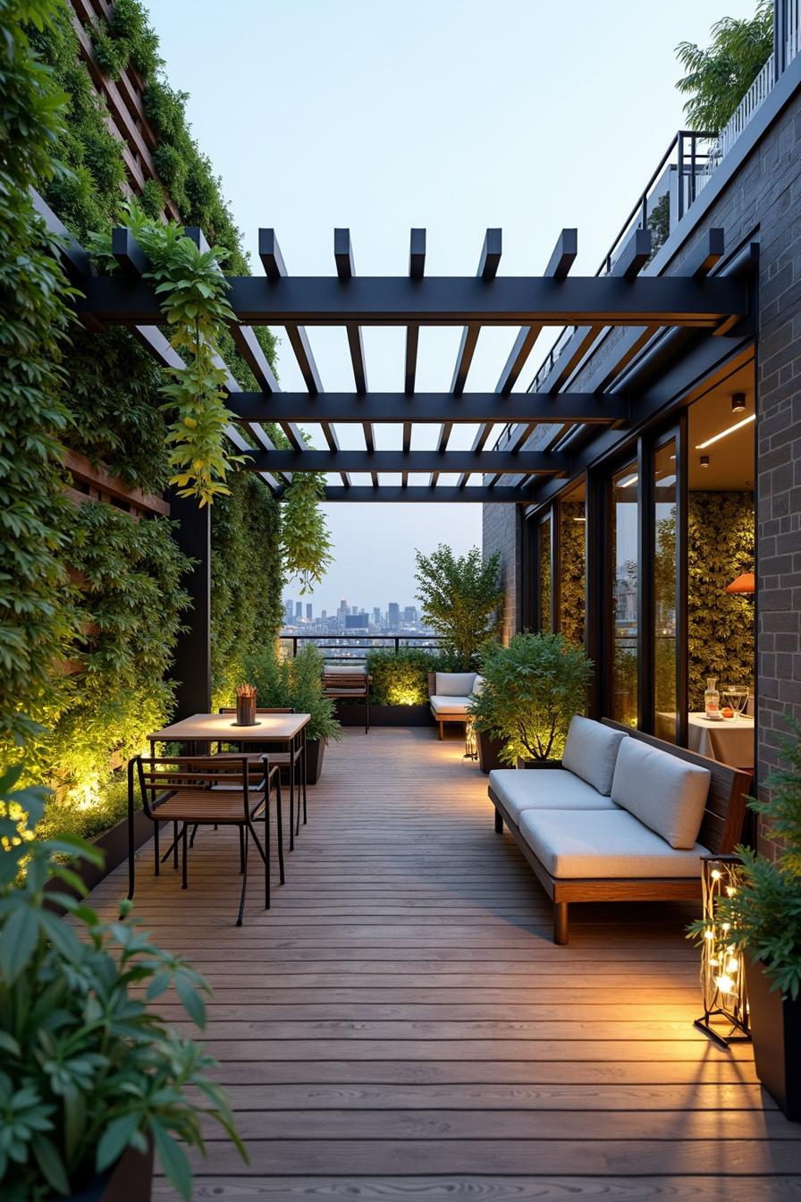 Lush rooftop garden with modern seating and city views