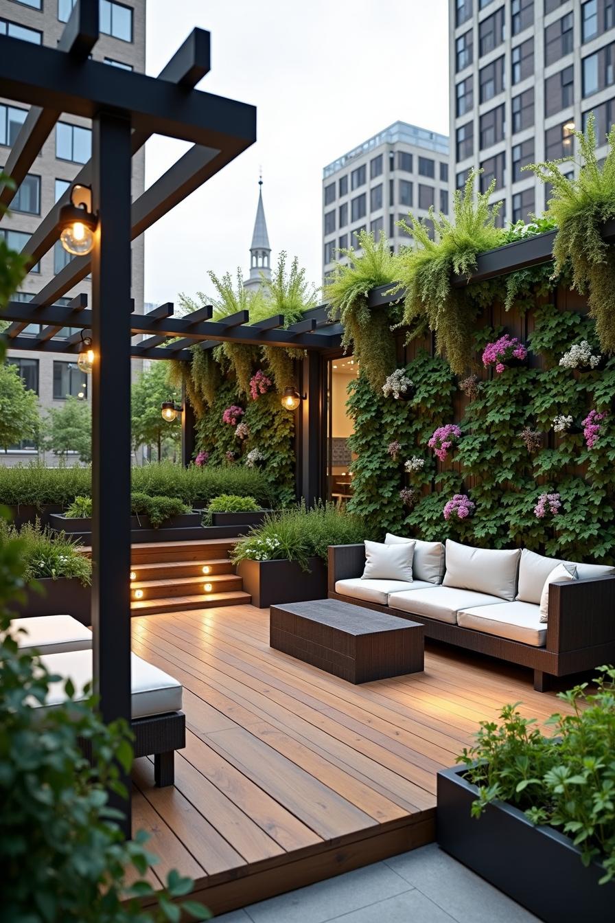 Modern rooftop garden with cozy seating and lush greenery