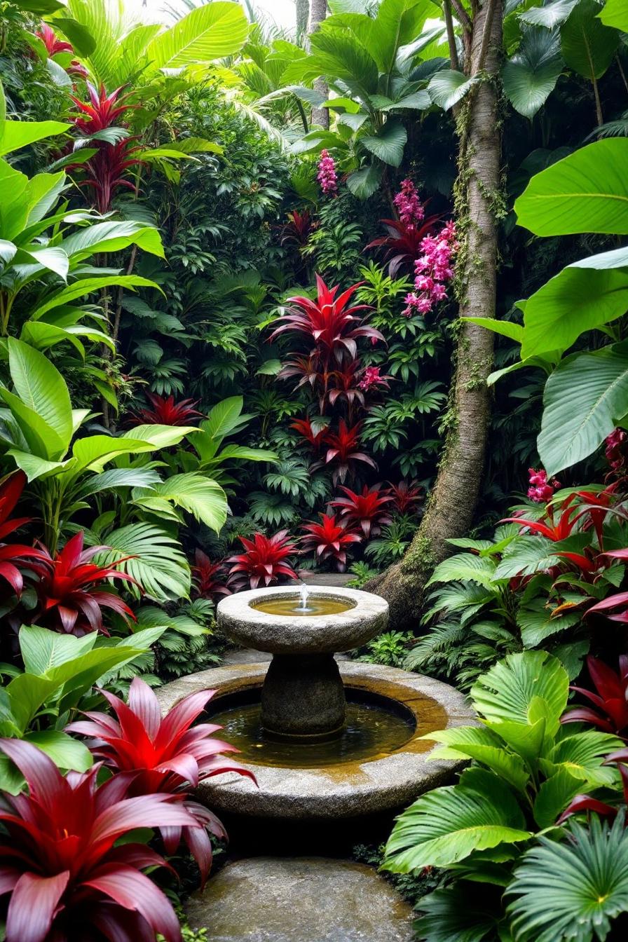 Stone fountain nestled amidst tropical foliage