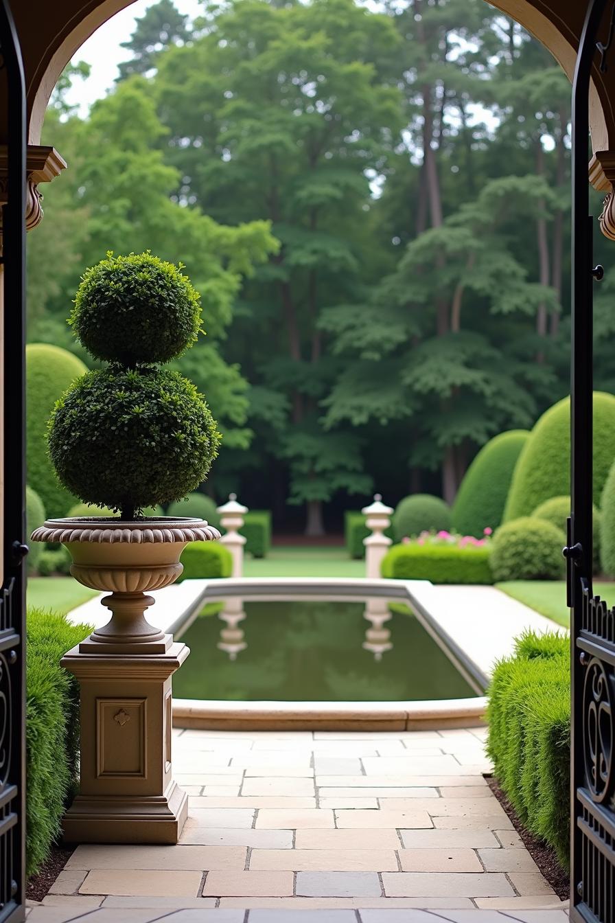 Stone urn with topiary by reflective pool