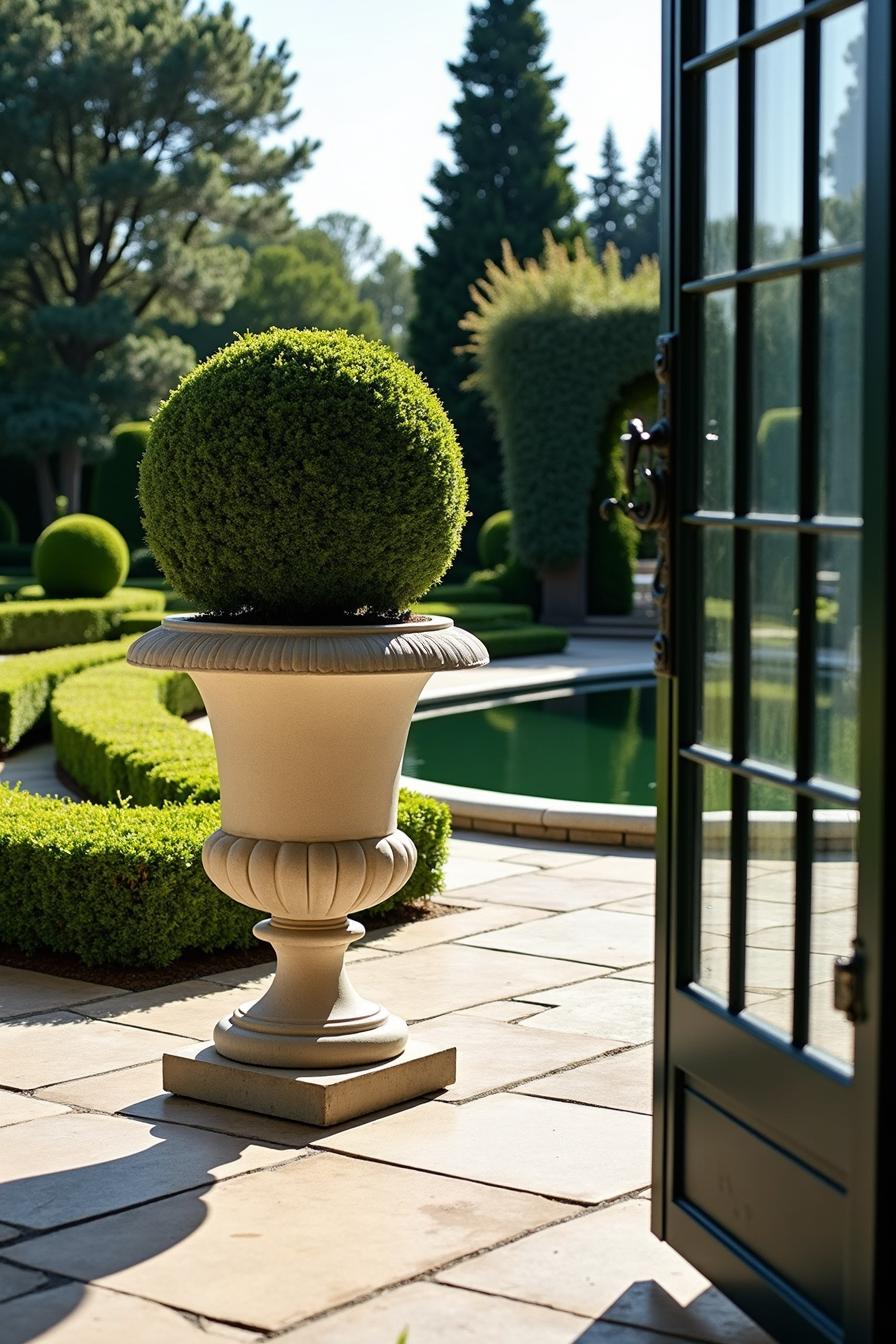 Lush garden with topiary designs and elegant urn