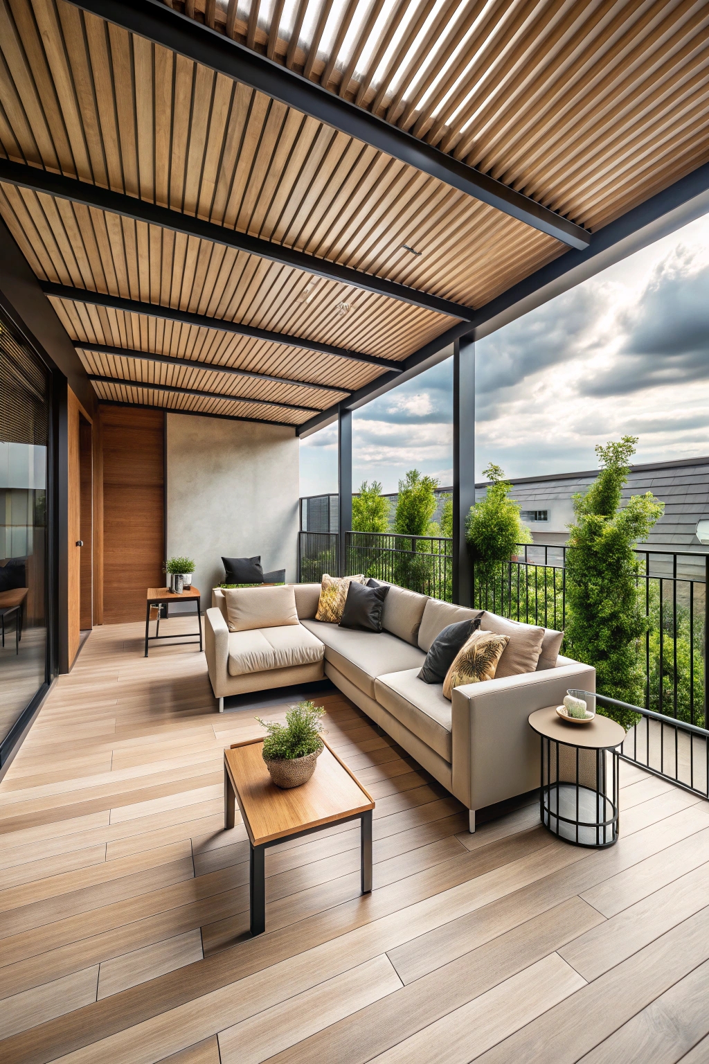 Stylish terrace with wooden flooring and cozy seating