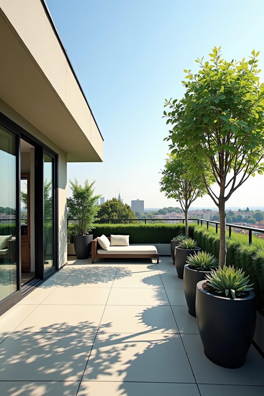 Rooftop terrace with trees, plants, and a sunbed under a clear sky