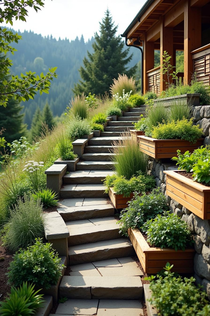 Stone steps with lush greenery and wood planters on a hillside