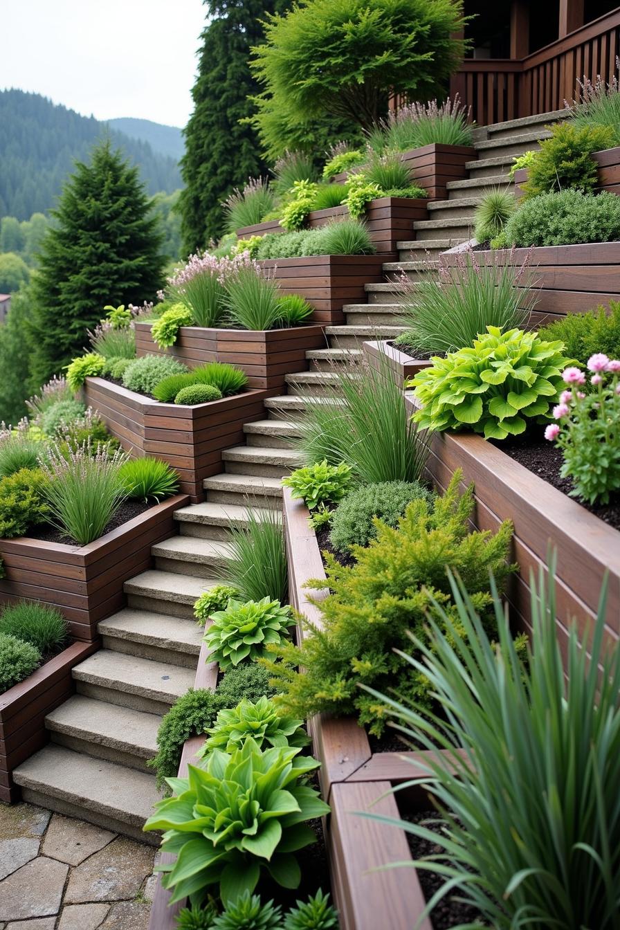 Lush hillside with terraced planters and stone steps