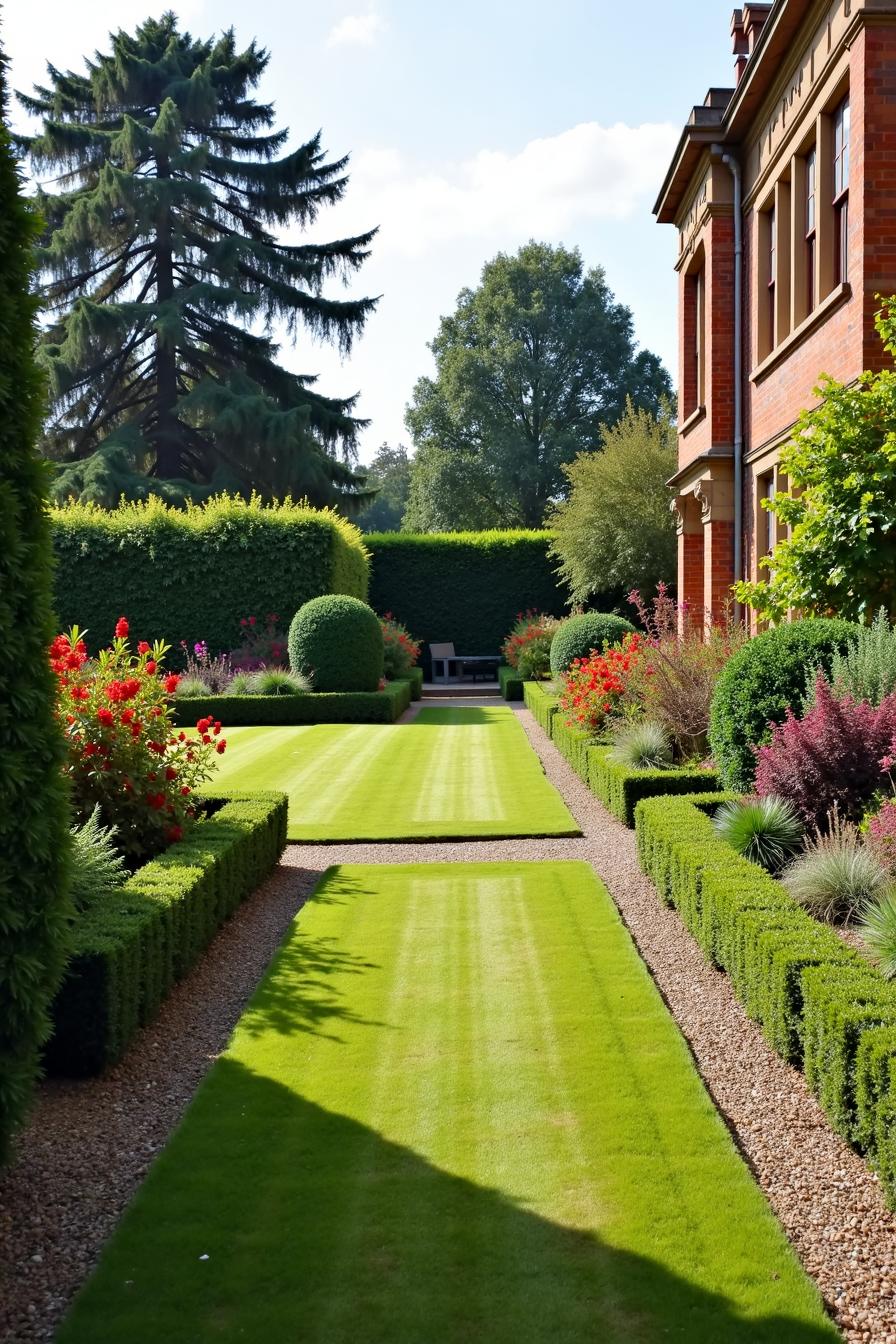 A manicured garden beside a brick house