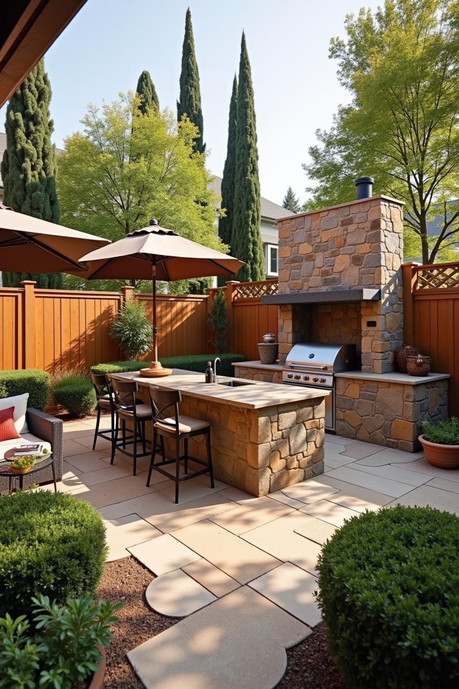 Stone kitchen with grill, seating, and umbrellas in a garden