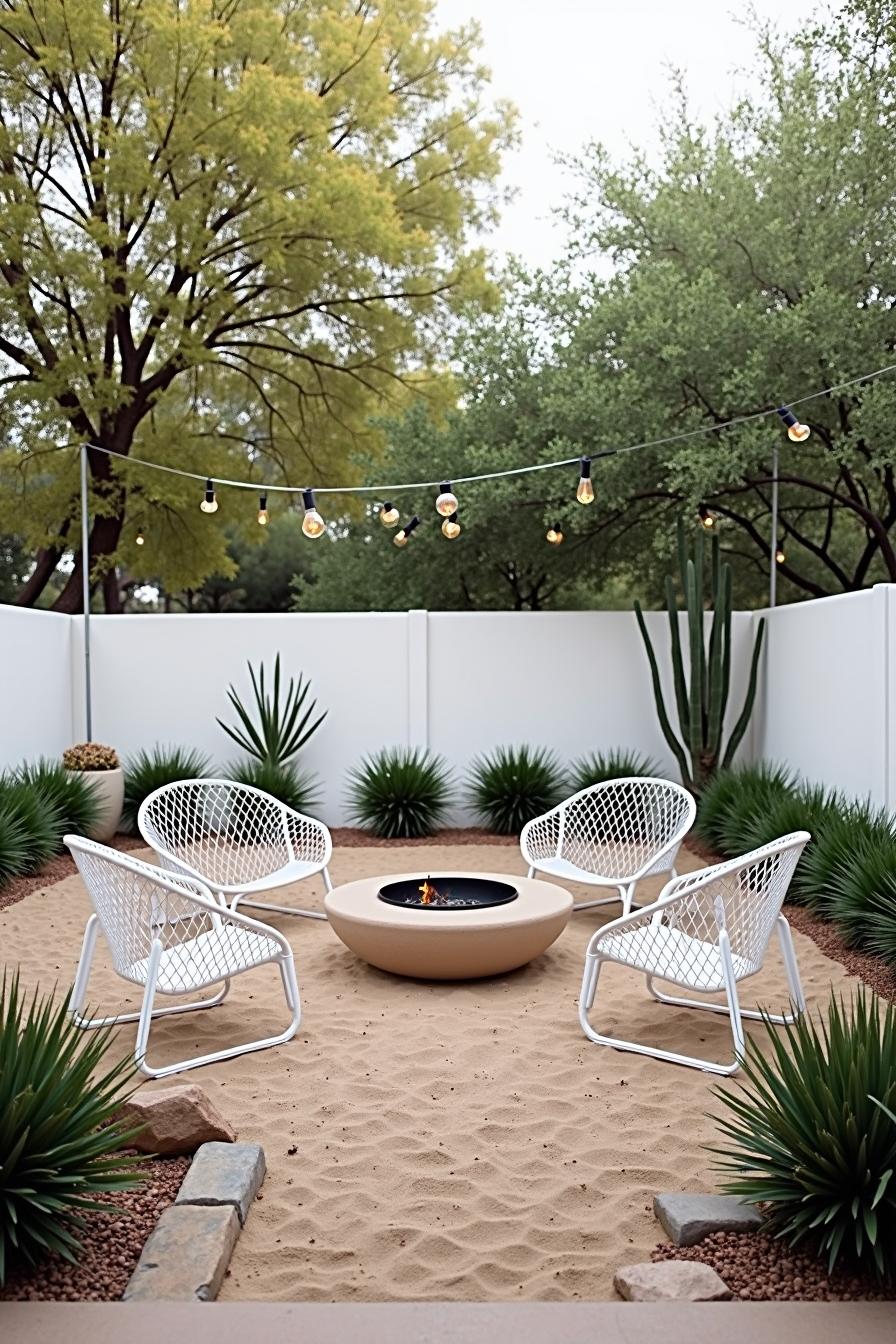 Gathering spot with fire pit and string lights