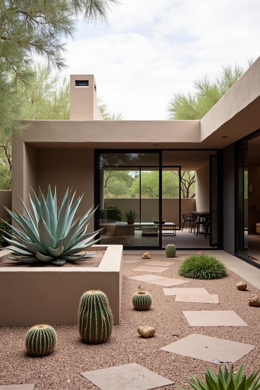 Modern desert patio with striking agave and cacti