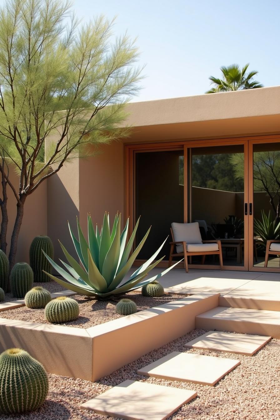 Desert patio with cacti and agave plant