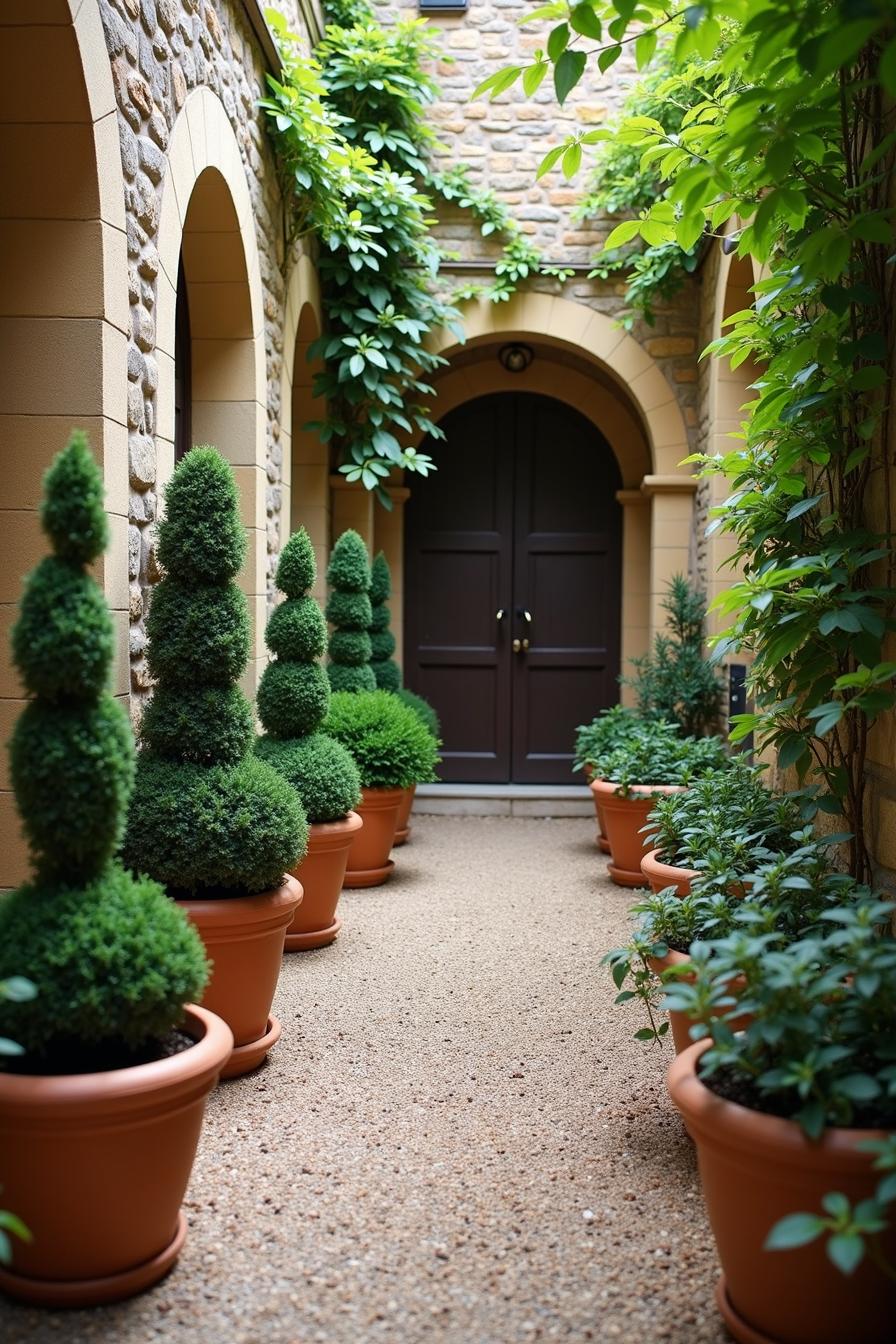 Topiary Pots Align a Pathway to Wooden Door