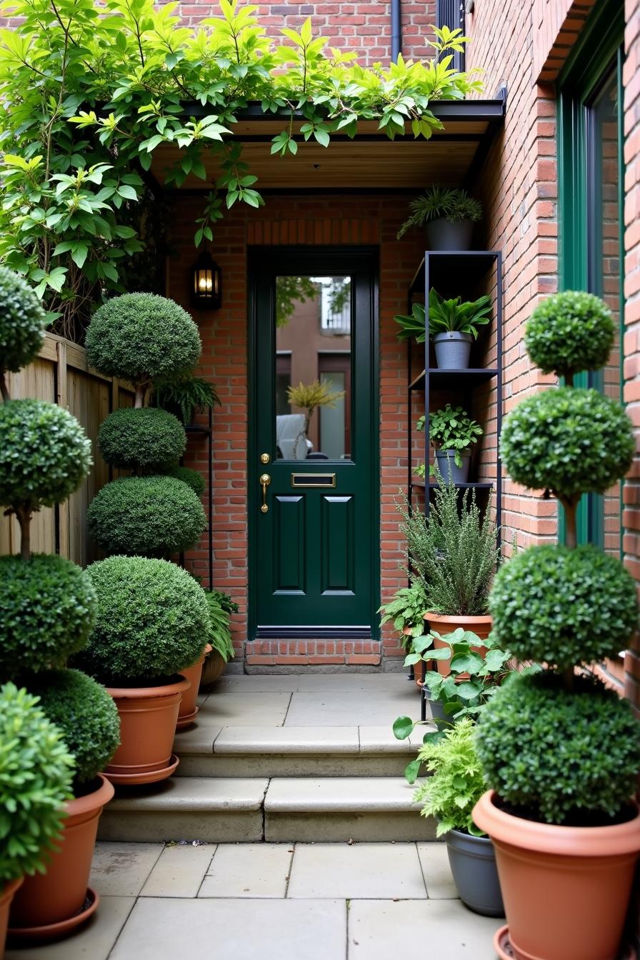 Potted topiary plants leading to a dark green door