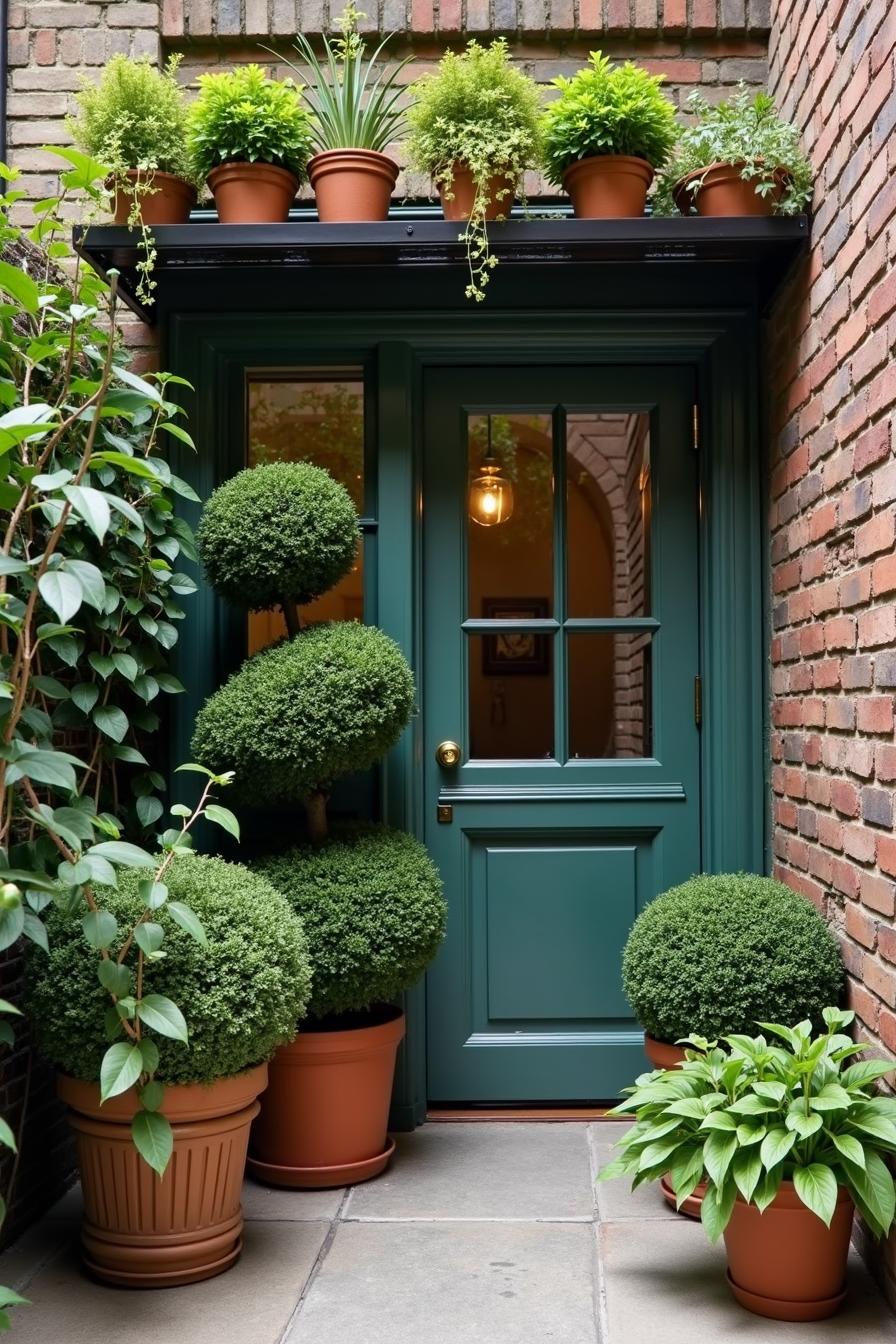 Stylish potted plants frame a teal doorway in a brick alley