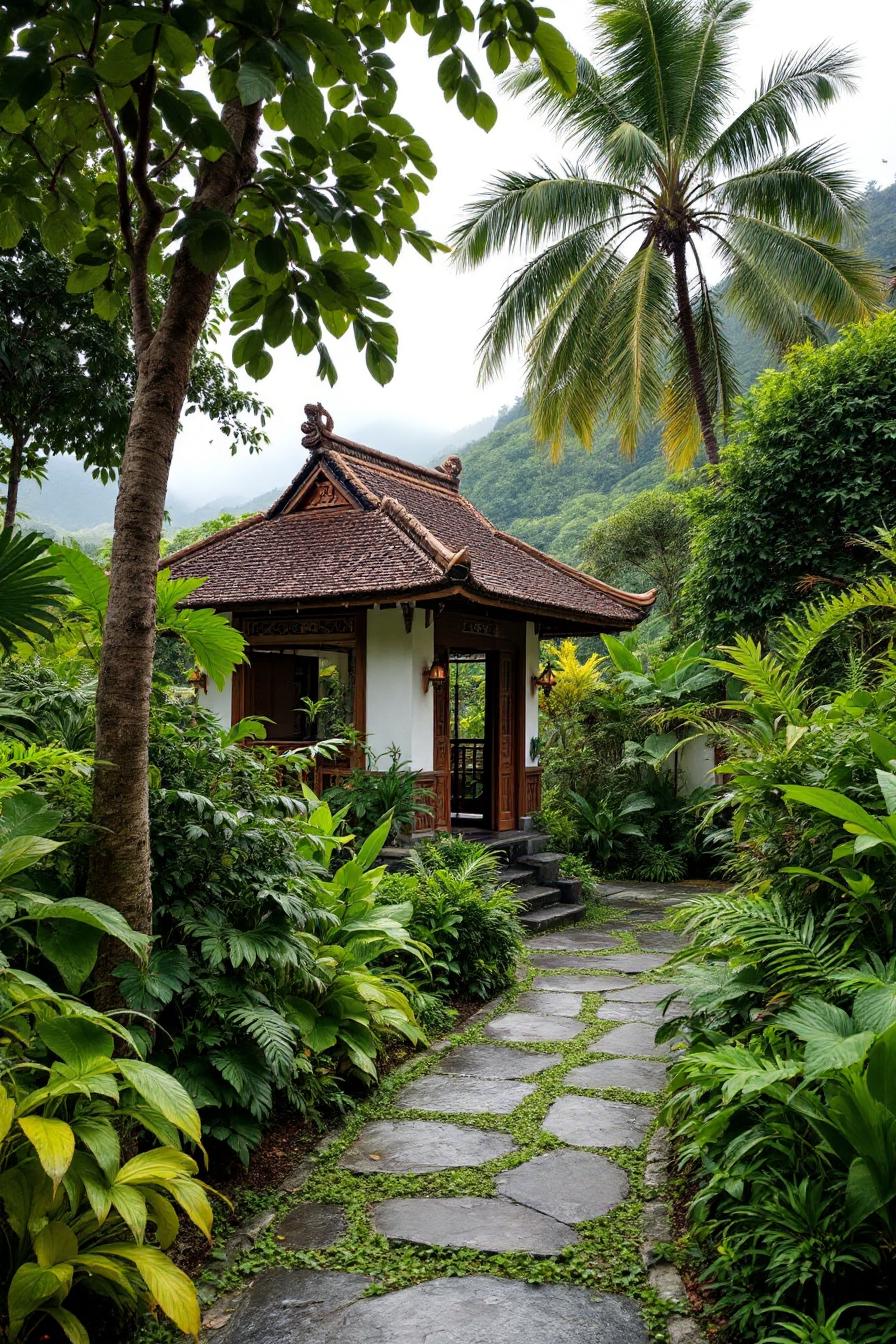 Tropical garden with a stone path leading to a Bali-style pavilion