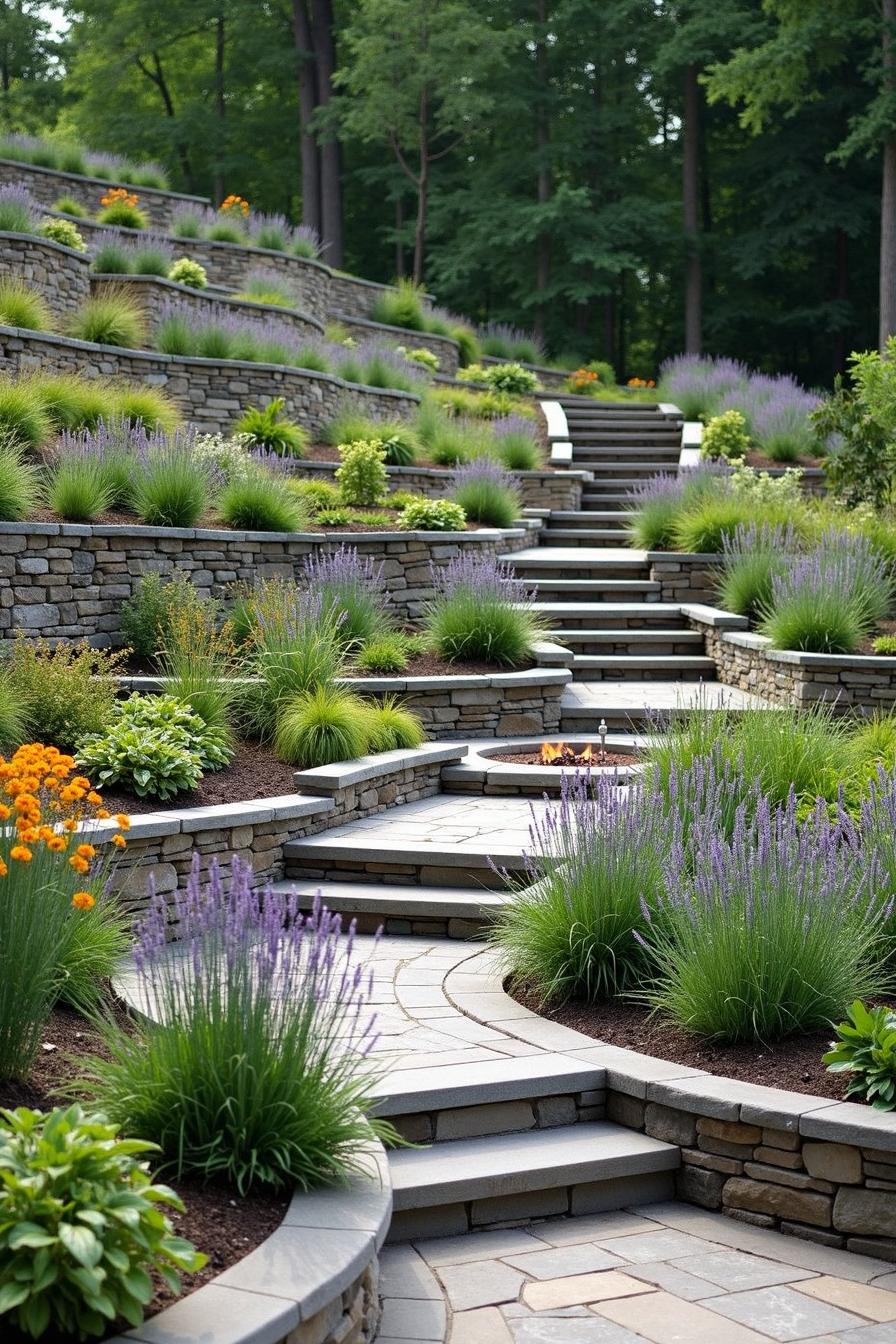 Terraced stone pathway with lush lavender and vibrant greenery