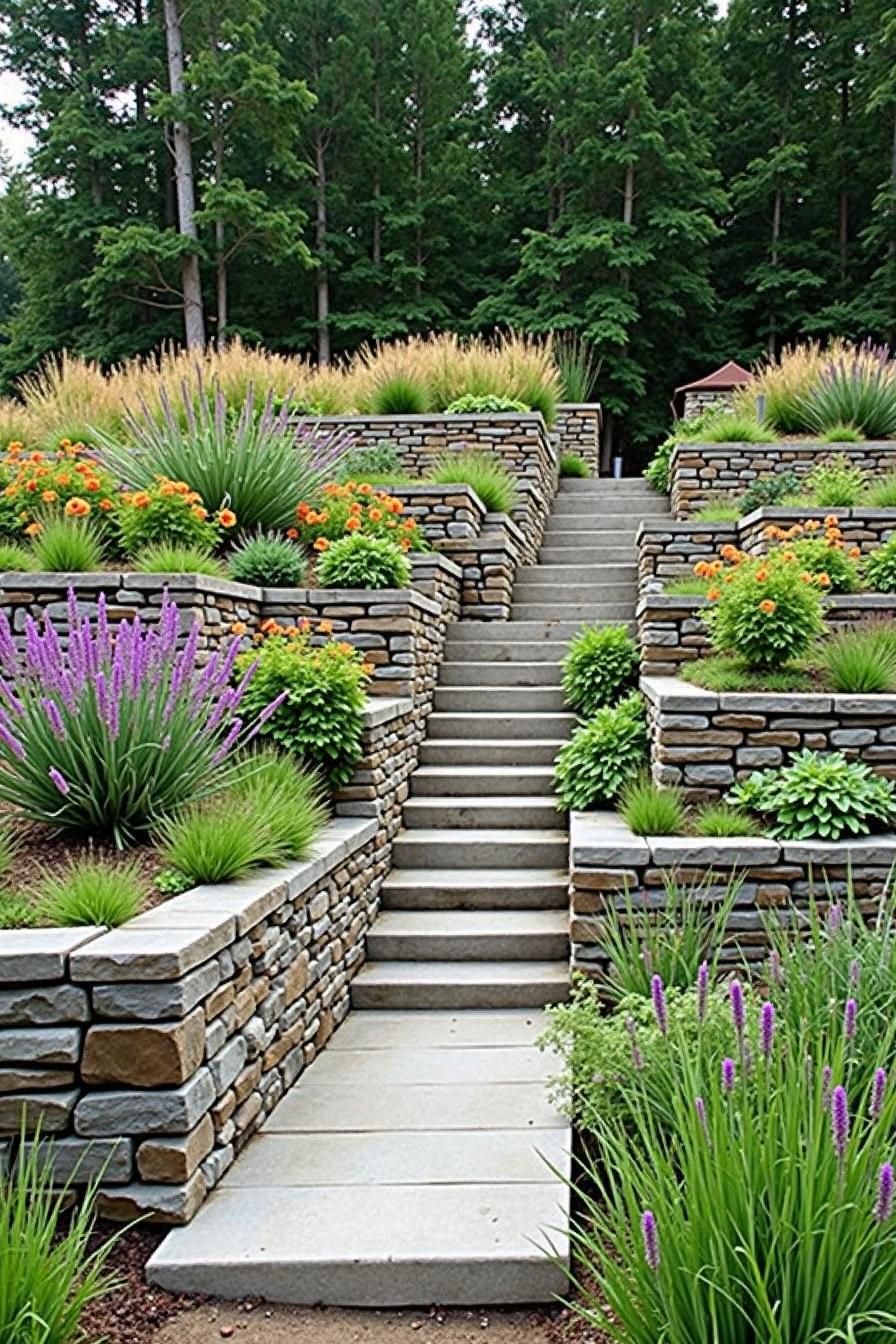 Terraced garden with colorful flowers and lush greenery