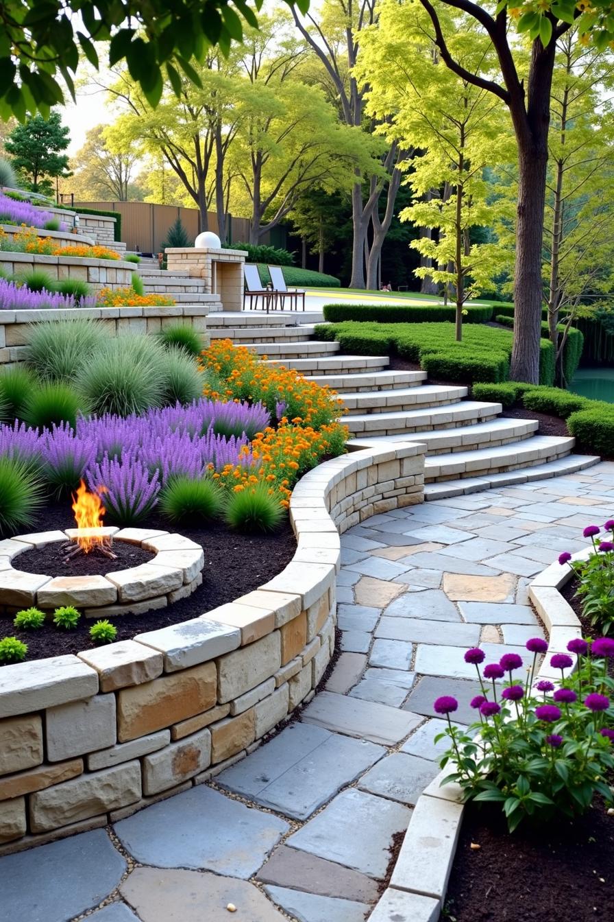 Colorful terraced garden with stone pathways