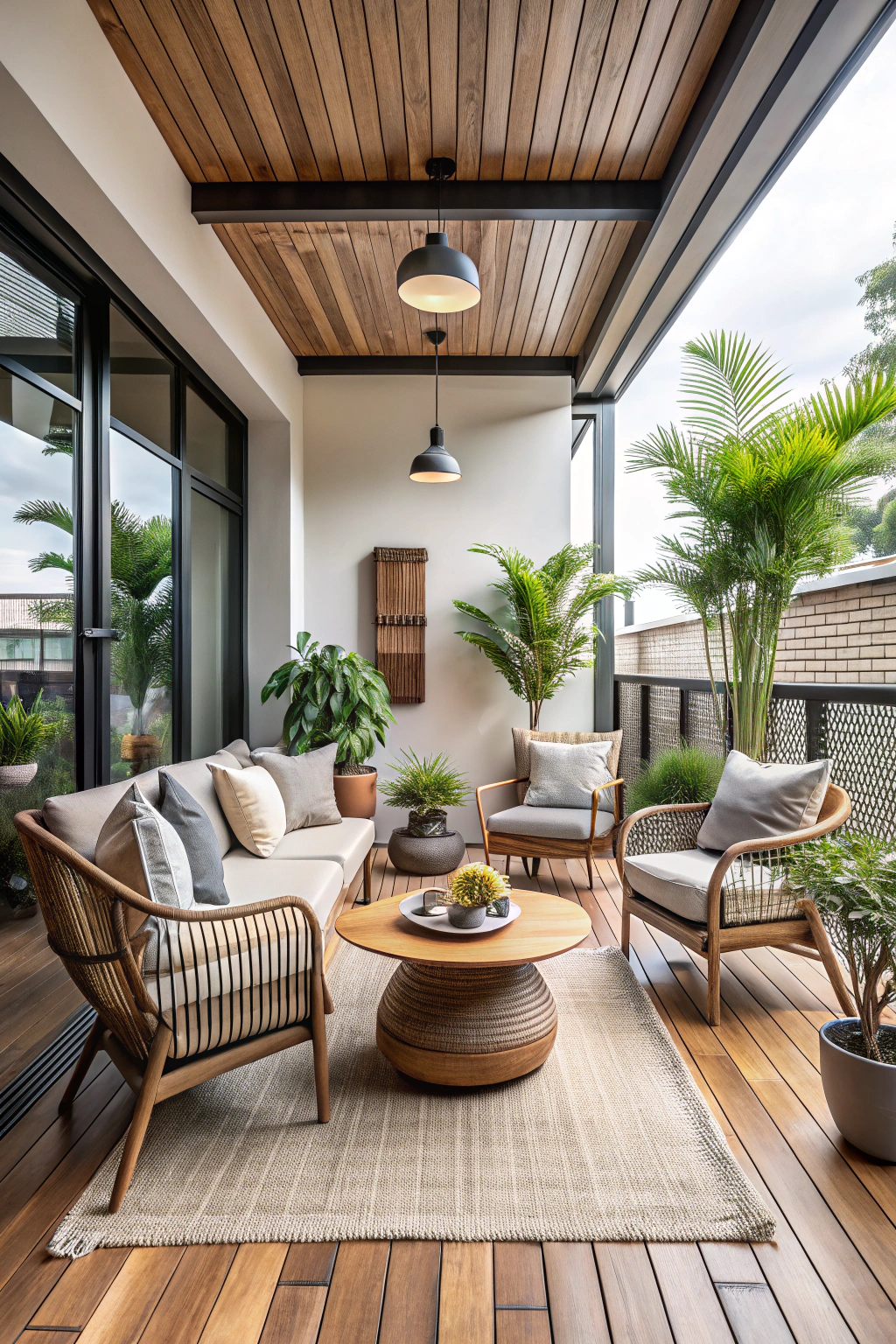 Stylish terrace with cozy seating and lush greenery