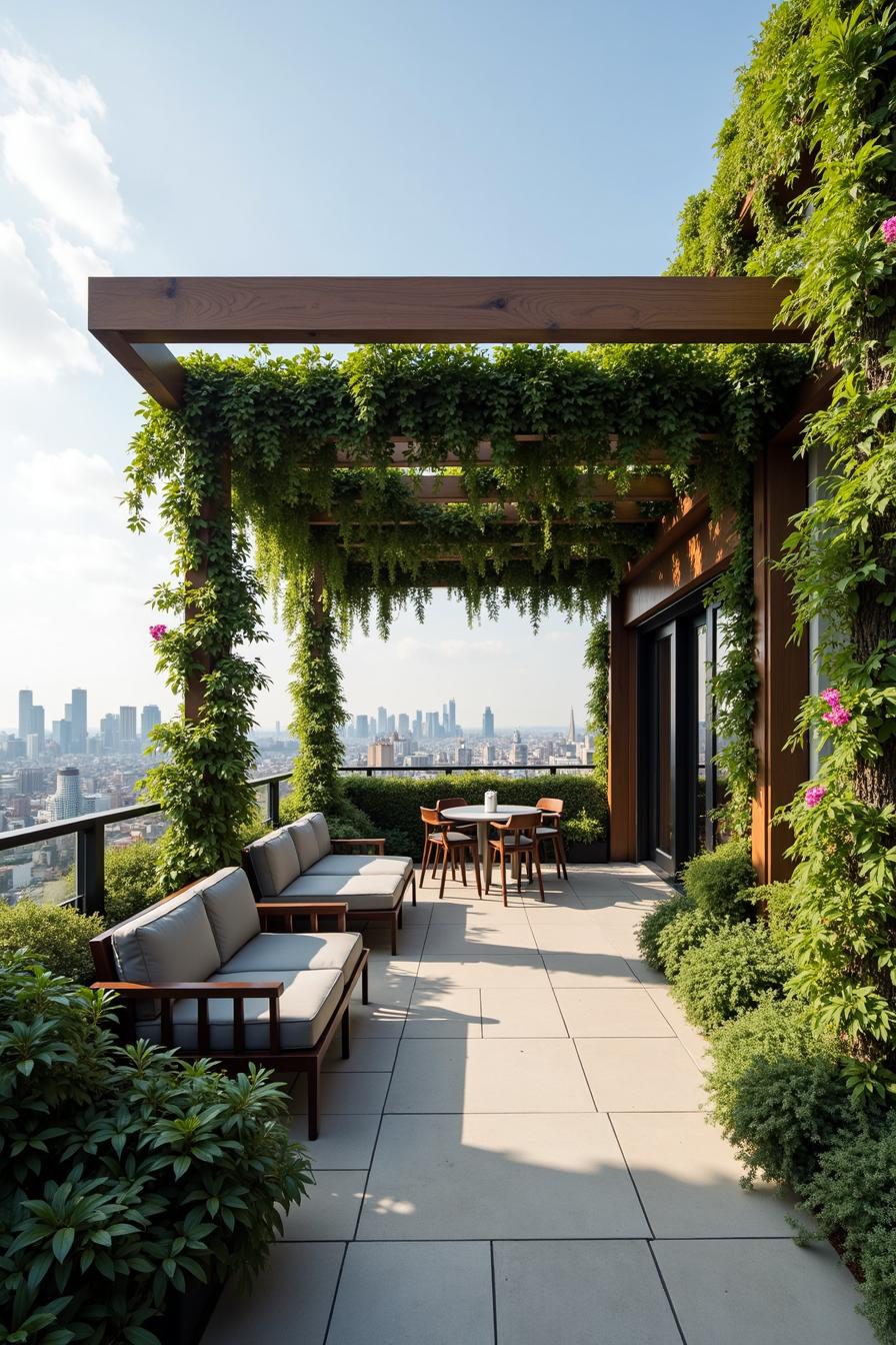 Greenery-covered pergola with cityscape view