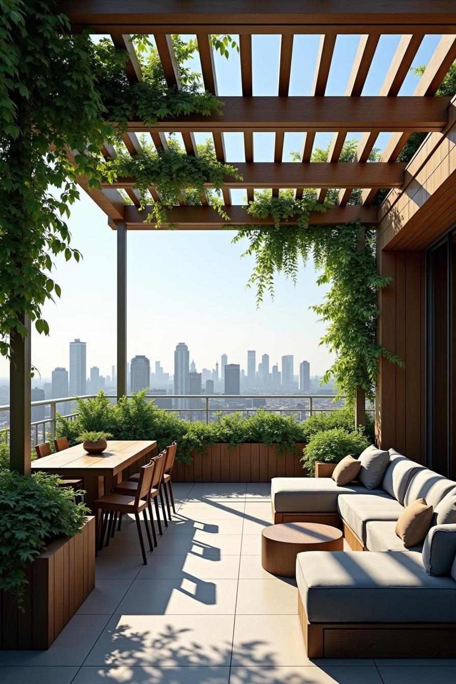 Rooftop terrace with lush greenery and modern seating