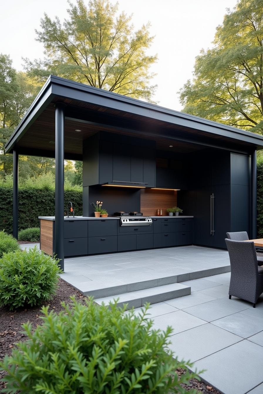 Sleek outdoor kitchen with black cabinetry under a covered patio