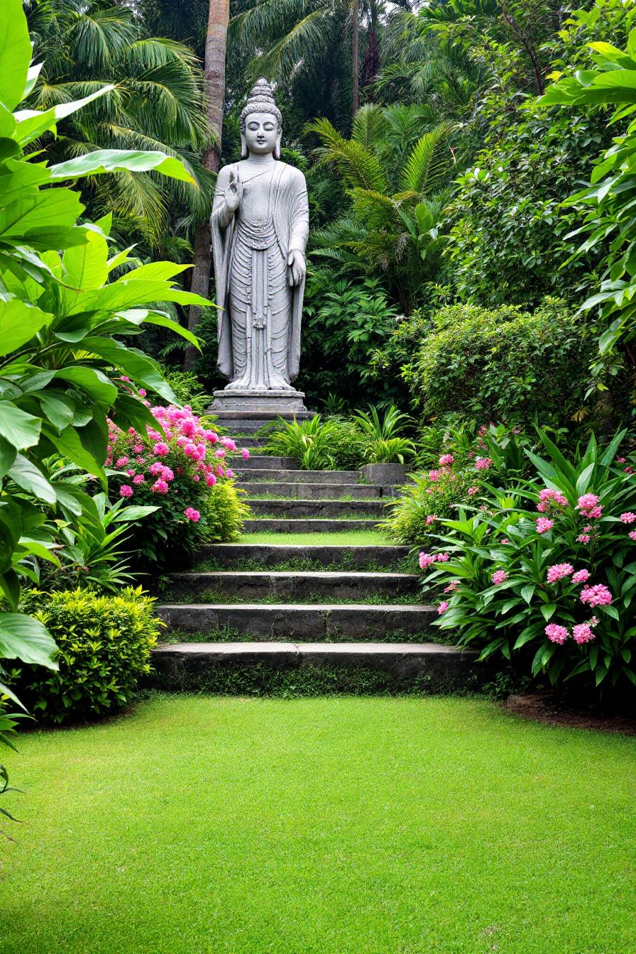 Stone statue in lush garden setting with vibrant flowers