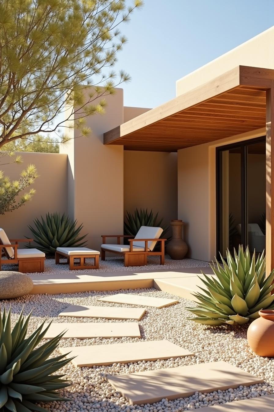 Modern outdoor seating area with agave plants and pebble path