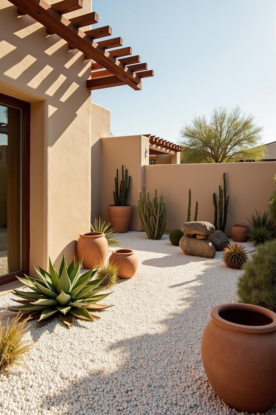 Desert garden with cacti and terracotta pots