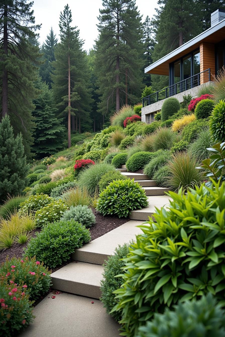 Lush hillside with a modern home, vibrant shrubs, and trees