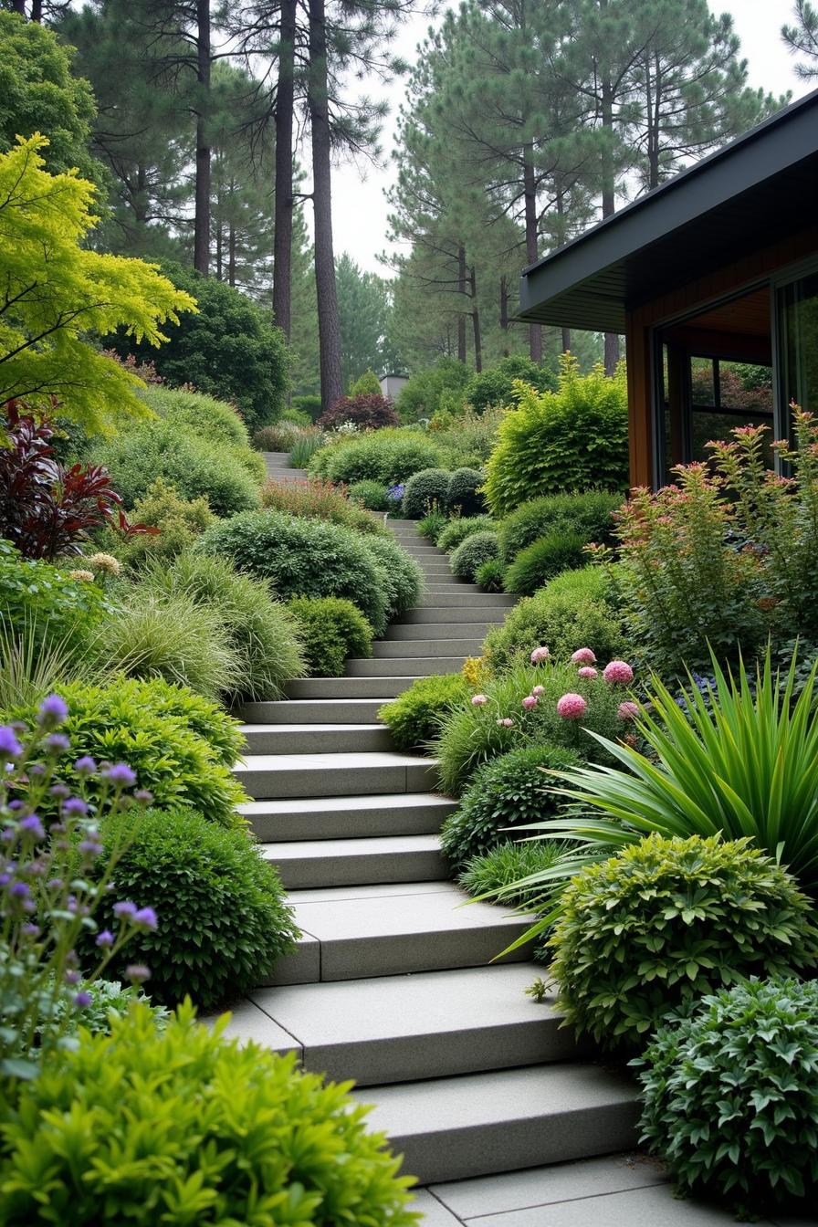 Lush green pathway winding up a forested hill