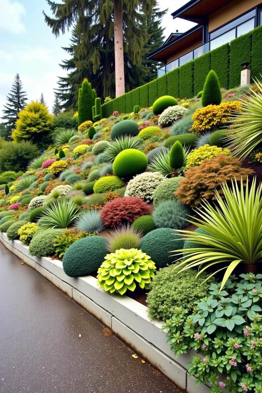 Colorful plants and trees on a landscaped hillside