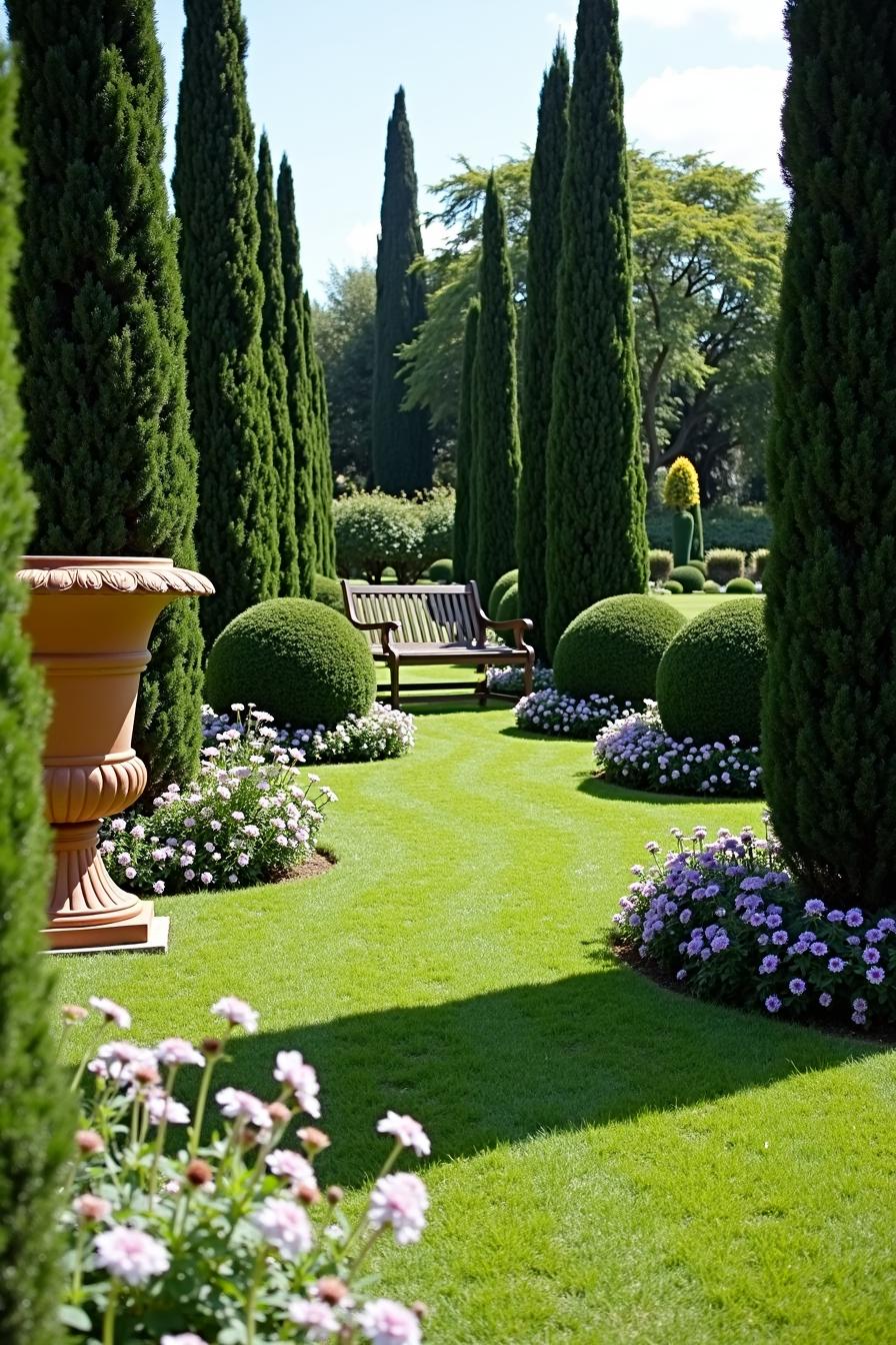 Row of cylindrical topiary trees leading to a garden bench