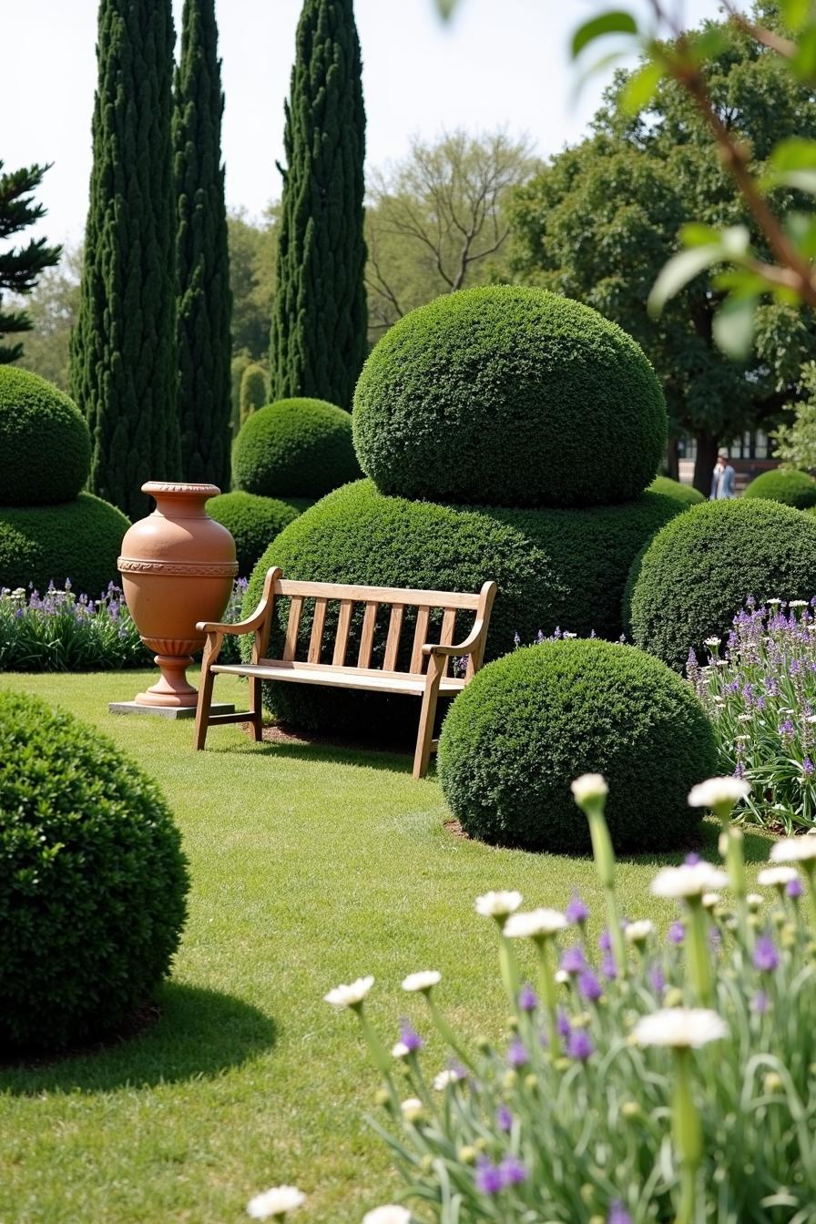 A wooden bench amidst lush, spherical topiary shrubs