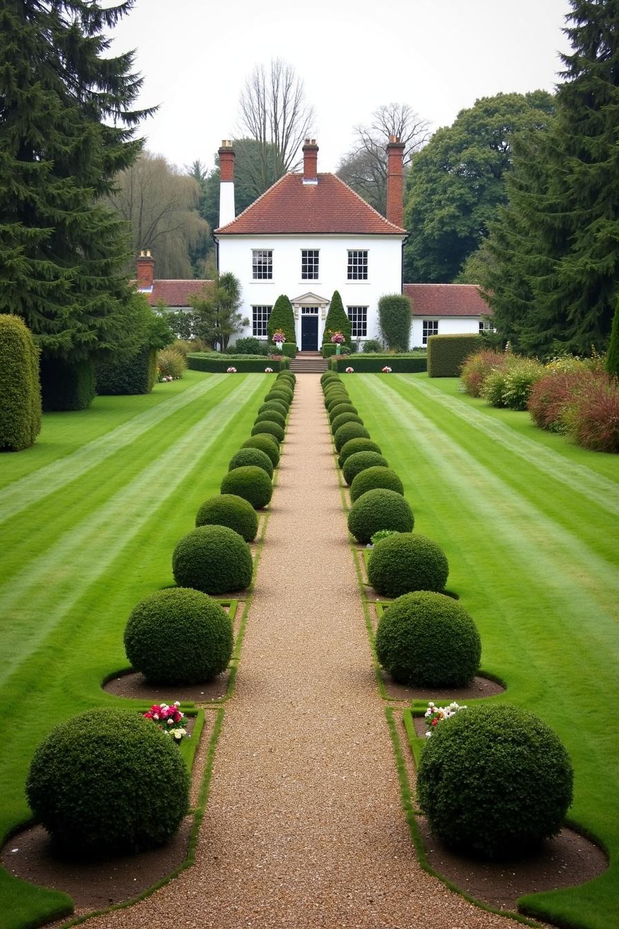 Elegant pathway lined with manicured shrubs leading to a classic country home